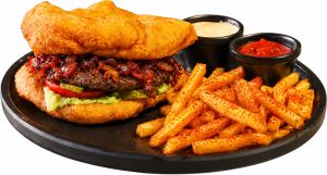 Lángos Burger with Bacon Jam and Smoked Paprika Fries